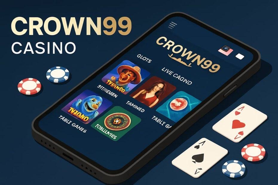 Malaysian player focused on Crown99 online games with casino chips, slots and laptop gaming interface